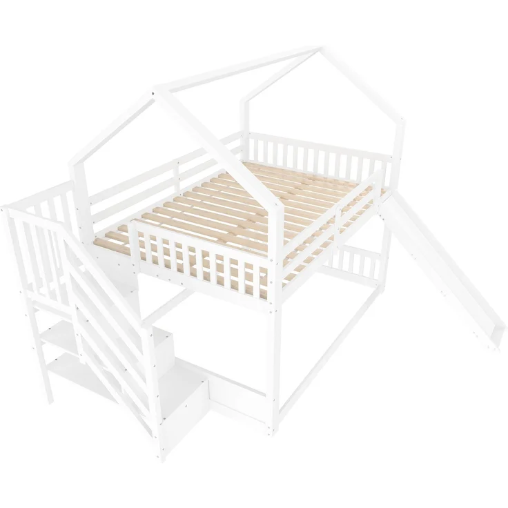Etagenbett mit Stauraumtreppe und Rutsche, Hausbett(Ohne Matratze), Kinderbett mit Geländer,geeignet für Kinder, Jugendliche, 140x200 cm, Weiß – Bild 9