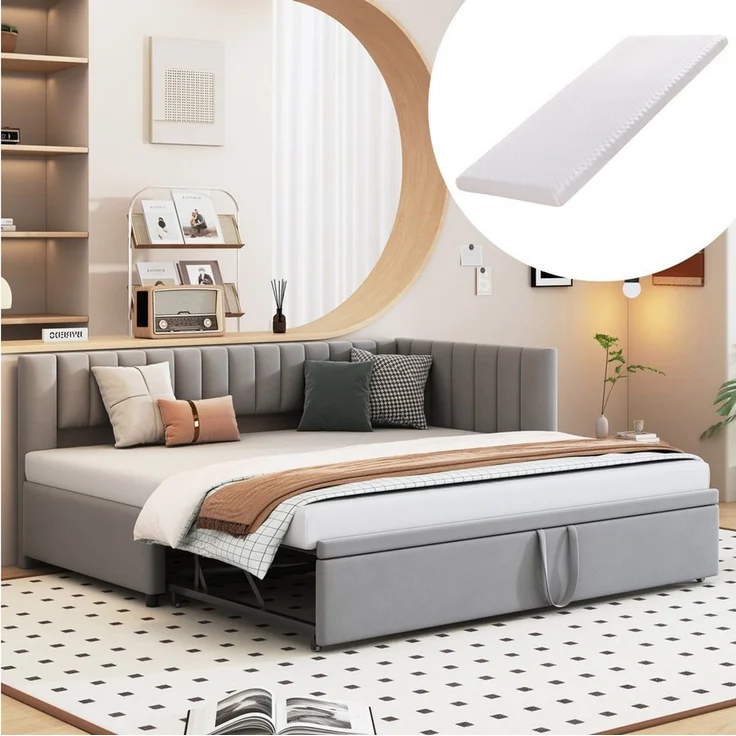 HAUSS SPOLE Schlafsofa 90/180x200 mit Ausziehbett L-förmiges Schlafsofa Hellgrau mit Matratze – Bild 1
