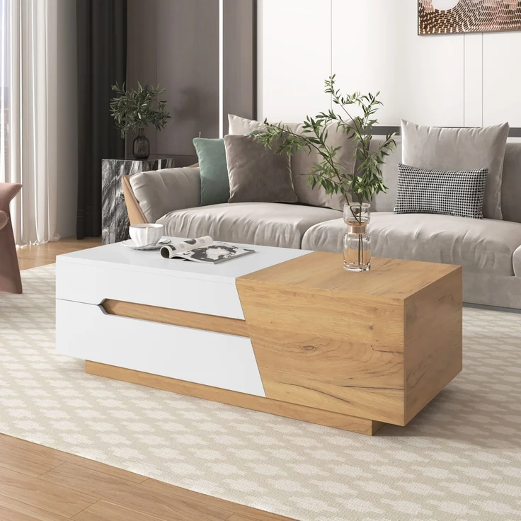 Couchtisch verschiebbar mit Stauraum 120x50 cm MDF Modern Wohnzimmer Tisch Weiß+Holzfarbe – Bild 3