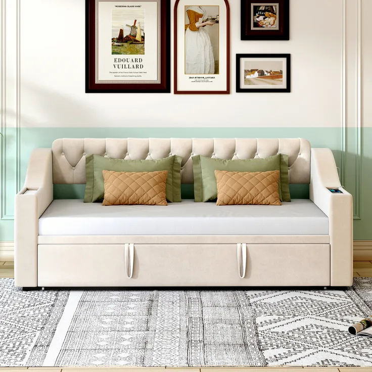 Schlafsofa Polsterbett, 2-Sitzer auf 90/180 x 190 cm erweiterbar, mit breiten und dicken Armlehnen, USB-Ladeanschluss, integrierte Ablage in Armlehnen, Ablagetaschen, mit Lattenrost, Samtstoff, beige, 90/180 x 190 cm