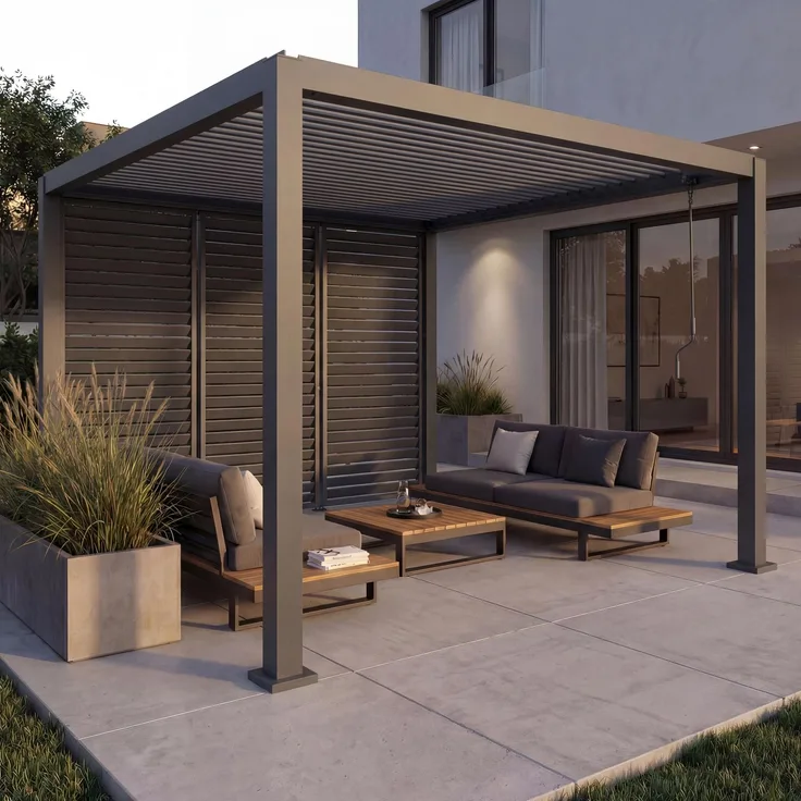 Pergola HWC-P65 mit 3x Lamellenwand, Terrassenüberdachung Garten Lamellen-Pavillon, 10cm-Alu-Gestell 3x3m ~ anthrazit