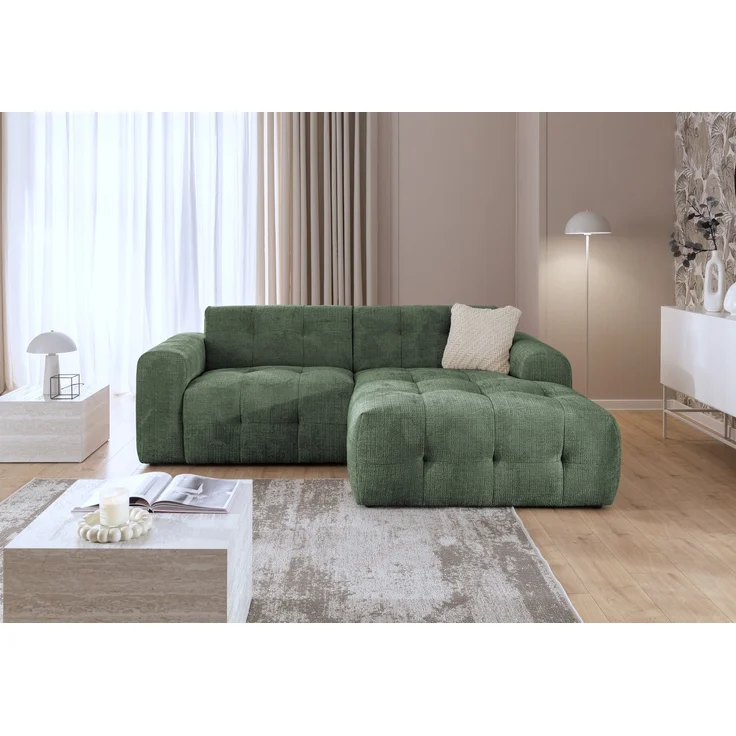 luma-home Modernes Ecksofa mit Ottomane rechts, mit markanten Steppungen, Chenille in Grün, 234 x 161 x 79cm – Bild 2
