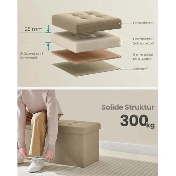Songmics Sitzbank mit Stauraum, klappbare Sitztruhe, Aufbewahrungsbox, 38 x 110 x 38 cm, Deckel klappbar, bis 300 kg belastbar, für Flur, Wohnzimmer, Schlafzimmer, Kamelbraun LSF076K01 – Bild 4