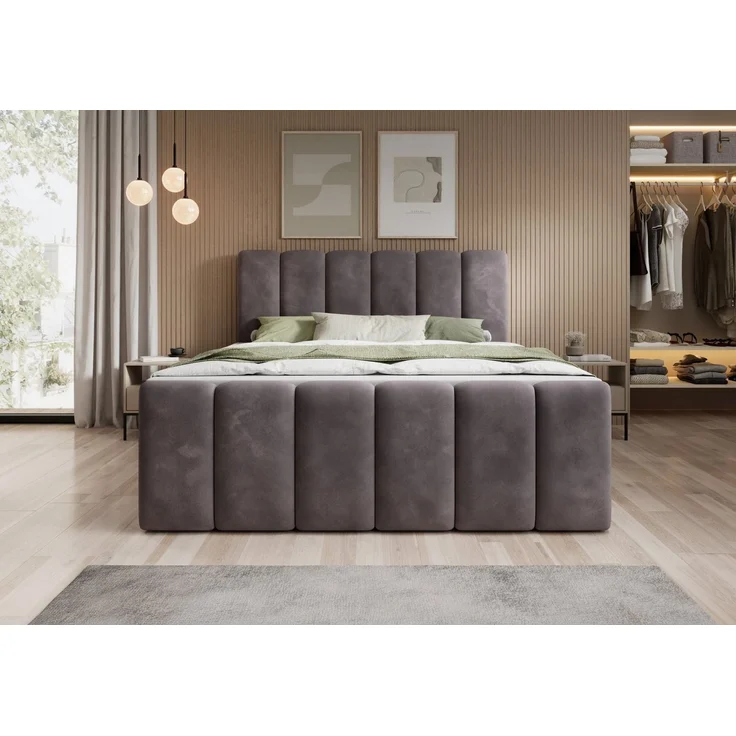 thematys Boxbett mit Bettkasten 140x200cm, mit Bonnellfederkernmatratze H3, Bouclé/Velours, mit Stauraum, mit 3 cm Topper, Grau (Velluto 16), Art.-Nr. S0ZH40NOLUB – Bild 2