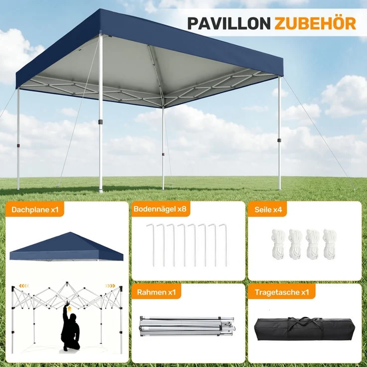 Hawthyhome Faltpavillon 3x3m Pop Up Partyzelt, wasserdicht & UV-Schutz 50+, One-Touch-Schnellaufbau, 3 Höhenstufen, stabiles Kohlenstoffstahl-Gestell, inkl. Tragetasche, für Garten, Camping & Outdoor, Blau – Bild 8