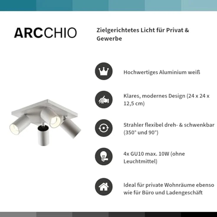 Arcchio Deckenlampe quadratisch, 4-fach Deckenstrahler drehbar 350° und schwenkbar 90°, Aluminium weiß, ohne Leuchtmittel – Bild 2