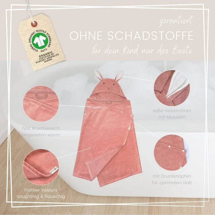 DIKOS Kapuzenhandtuch Badeponcho Baby Kinder Taupe/Altrosa, 70x140cm, 100% Bio-Baumwolle, 2-in-1 ab Geburt Handtuch mitwachsendes Badetuch/Poncho mit Knöpfen – Bild 3