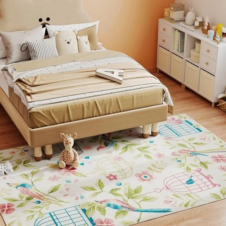 HOMCOM Teppich maschinenwaschbarer Wohnzimmerteppich rutschfester Flächenteppich, Rechteckig, Höhe: 7 mm, für Schlafzimmer, Wohnzimmer, Cremeweiß+Rosa – Bild 1