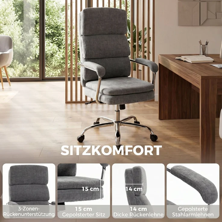 HOMCOM Bürostuhl, Polyester, Grau, 72,5L x 65B x 118H cm – Bild 4