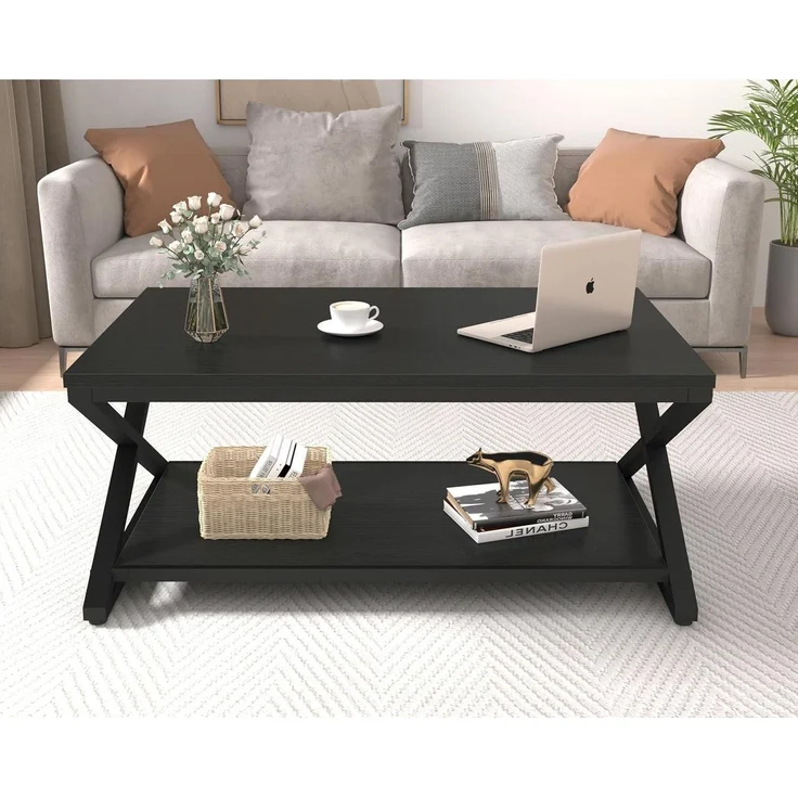 Couchtisch Klein Schwarz Holz Metall Stauraum Beistelltisch 100x60x45cm – Bild 5