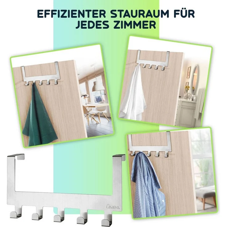 Casativo Garderobenleiste Edelstahl-Türgarderobe, Platzsparende Hakenleiste mit 5 Kleiderhaken (2 St, 1er/2er-Set), 5 Haken, für 35-45mm Türen, kratzschutz-gummiert – Bild 4