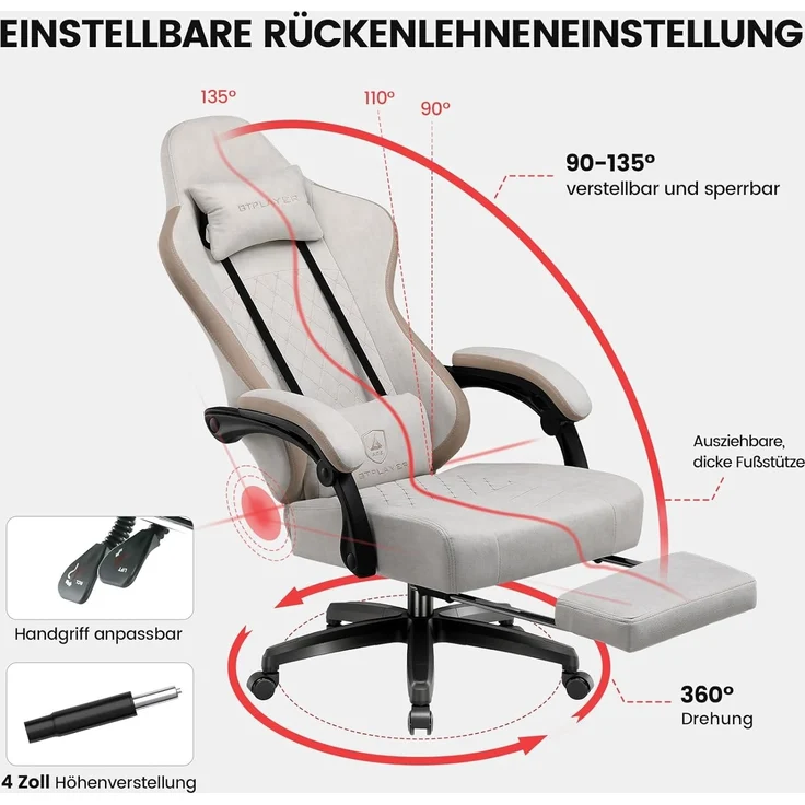 GTPLAYER Gaming-Stuhl Ergonomischer Gaming Sessel Schreibtischstuhl mit Stoffoberfläche (Pacekung), Federsitzkissen mit Fußstütze – Bild 5