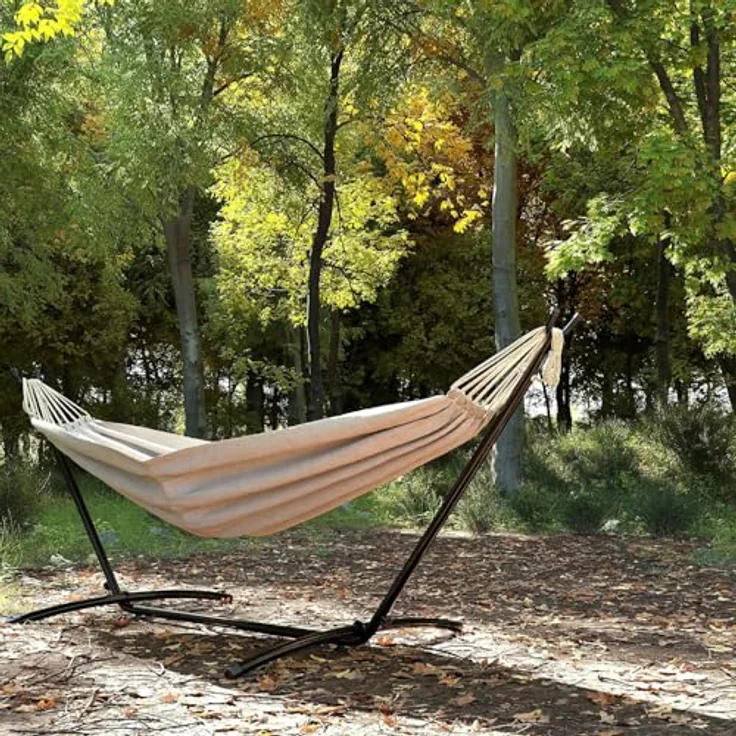 GARMIO Hängematte mit Gestell, 200kg Belastbarkeit, klappbar, inklusive Tragetasche und Zubehör, in Beige, 270x110x105cm – Bild 3