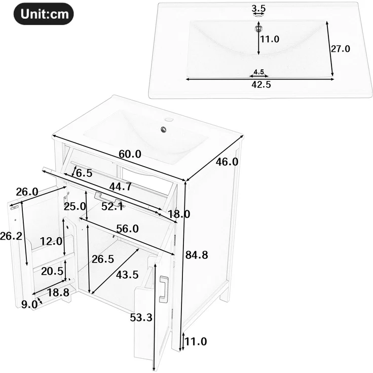 60 x 46 x 84,8 cm Bodenstehender Badezimmerschrank mit Waschbecken,Waschtisch,Volllackierung, Doppeltürregale, praktische Schubladen, verstellbare Regale, integriertes Keramikwaschbecken,weiß – Bild 5