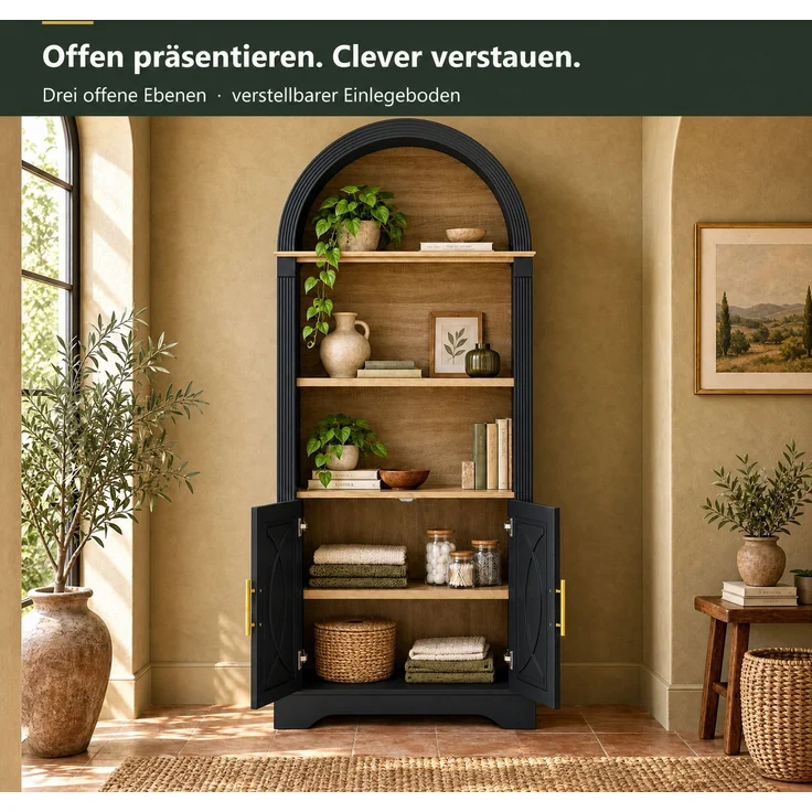 Highboard mit verstellbarer Regalböde und LED-Beleuchtung, Küchenschrank mit großem Stauraum, Ideal für Esszimmer, Wohnzimmer und Küche (Schwarz)--Schwarz--76.2x40x180cm--YOUDENOVA – Bild 5