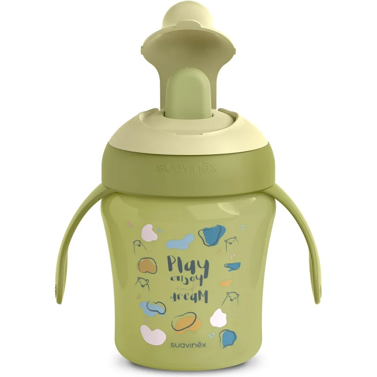 Suavinex, Learning Cup, Trinklernbecher, Auslaufsicherer Becher mit Trinkschnabel und ergonomischen Griffen, +6 Monate, 200 ml, Grün, Bears