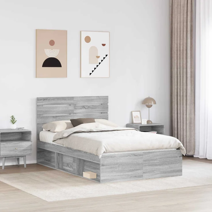 vidaXL Bettrahmen Graues Sonoma 135 x 190 cm Massives Kiefernholz 3411428 – Bild 2