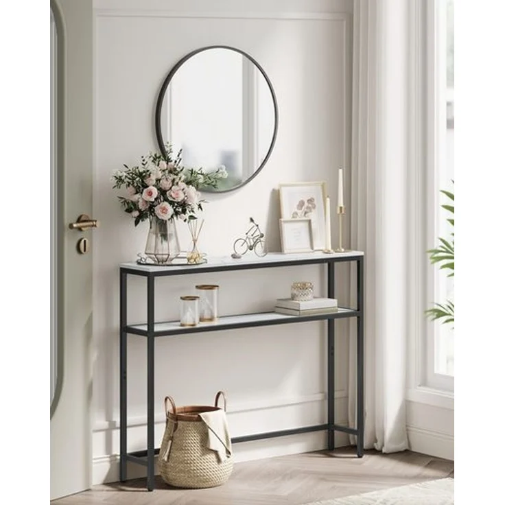 Vasagle Konsolentisch, schmaler Sofatisch mit 2 Ablagen, 20 x 80 x 80 cm, Flurtisch, 2 Ebenen, für Flur, Wohnzimmer, Schlafzimmer, marmorweiß-tintenschwarz LNTDE130W59 – Bild 1