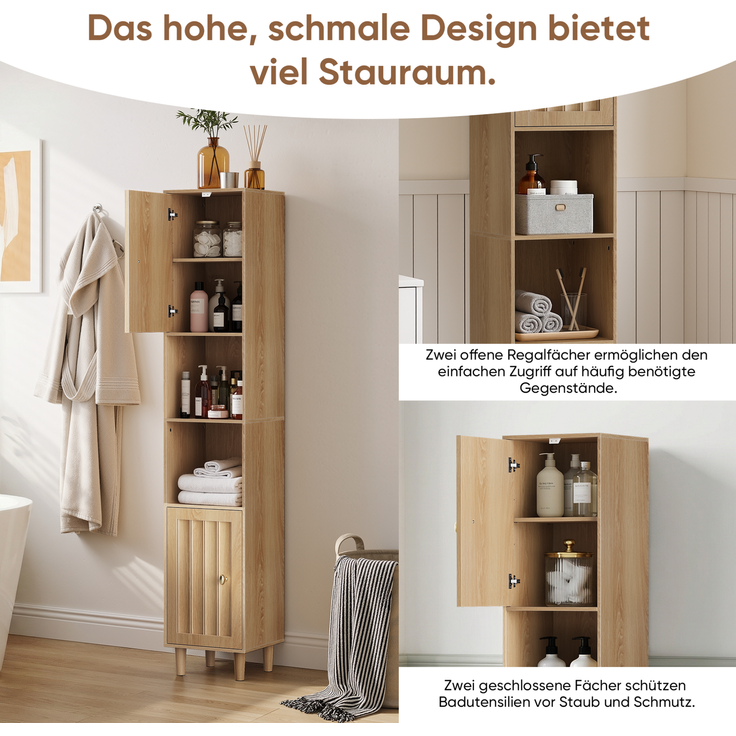 Badezimmer-Hochschrank 32 x 30 x 169 cm in Eichenoptik mit offenen Regalen und Doppeltür – Bild 6