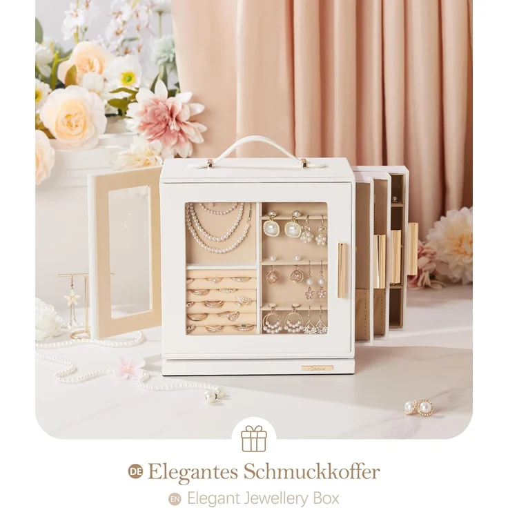 Yorbay Schmuckkasten 360° drehbar Schmuckkästchen mit 7 Schubladen, Fenster, Spiegel, 9 Bereichen, für Halsketten, Ringe, Armbänder, Ohrringe – Bild 8