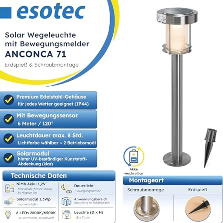 Esotec PIR Solarleuchte Ancona, Duo Color, LED Standleuchte mit Bewegungsmelder, IP44, wetterfest, silber, Höhe 71cm, 2 Betriebsmodi – Bild 2
