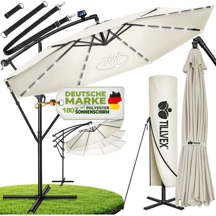 tillvex Alu Ampelschirm Beige LED Solar Ø 350 cm mit Kurbel | Sonnenschirm mit An-/Ausschalter | Gartenschirm UV-Schutz Aluminium | Kurbelschirm mit Ständer Marktschirm wasserdicht – Bild 1