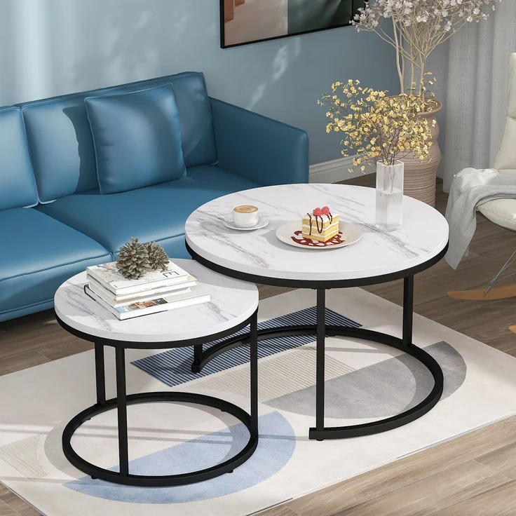 2er Set Runder Couchtisch Weiß-Marmor, Nesting Beistelltisch Wohnzimmer, Moderner Sofatisch aus MDF – Bild 1