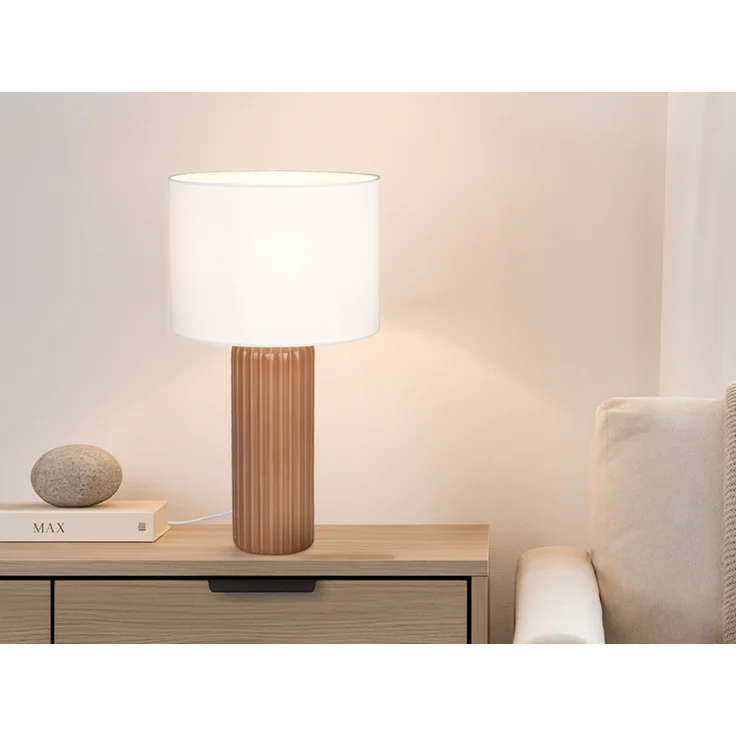 Große LED Tischleuchte mit Keramikfuß Mocca & Stoffschirm Beige, Höhe 51cm – Bild 1