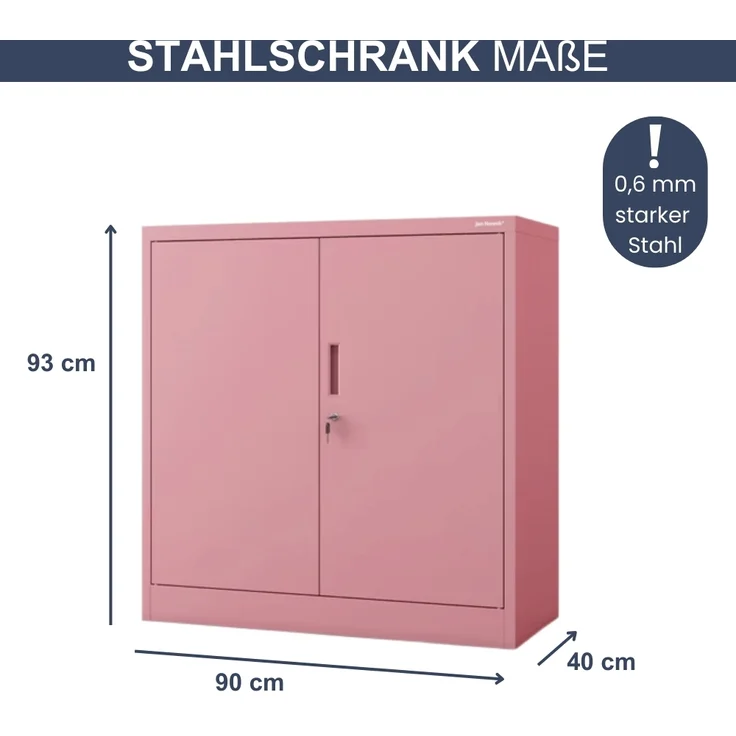 Aktenschrank abschließbar KADO - 3 Ebenen verstellbar, Flügeltüren | Metallschrank Werkstatt Mehrzweckschrank Büroschrank aus Stahl Werkzeugschrank, 93x90x40cm Rosa – Bild 2