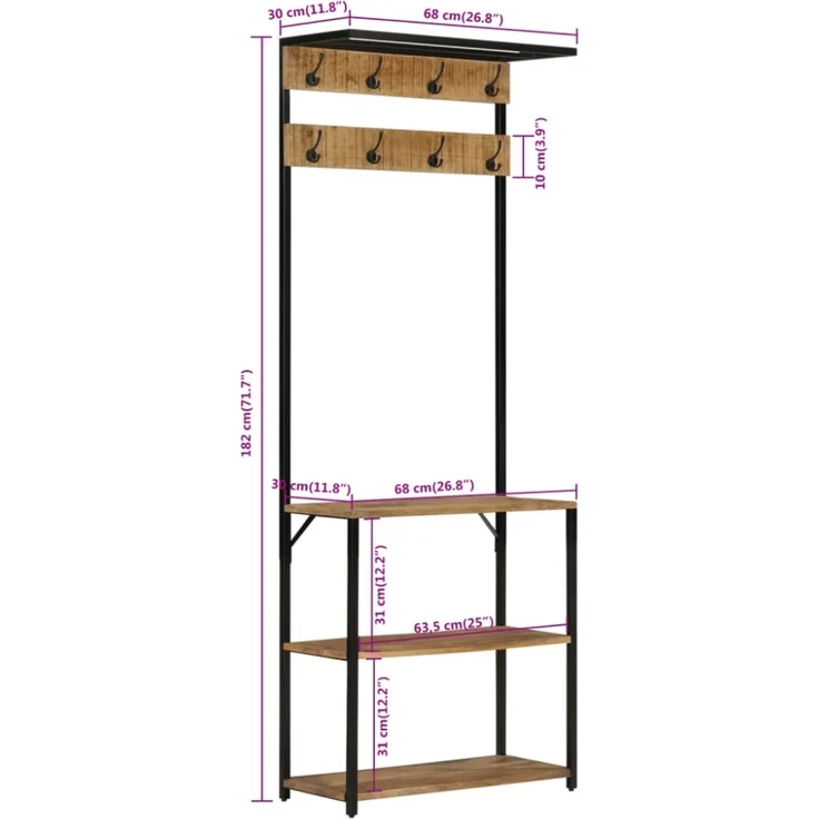 vidaXL Garderobe mit Schuhablage 68x30x182cm Raues Massivholz Mango 372737 – Bild 6