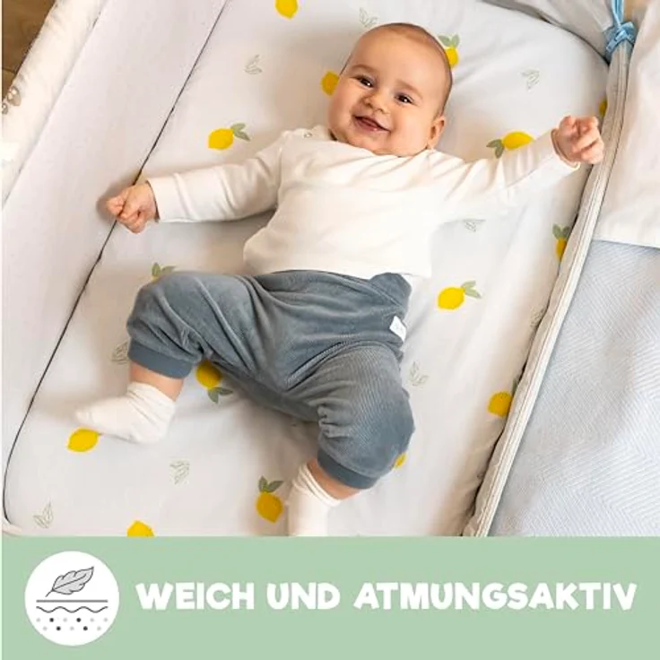 2X Spannbettlaken aus 100% Baumwolle mit Gummiband - 1X Matratzenschoner aus 100% wasserdichtem Material - 3er-Set - 55x90 cm - Zitrone – Bild 7