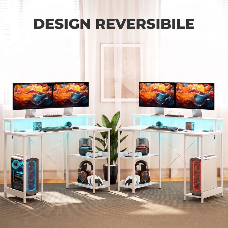 Wendbarer Computertisch mit Ablagen, 120 x 50 cm, mit Steckdosen und LED-Beleuchtung, Weiß in Holzoptik – Bild 9