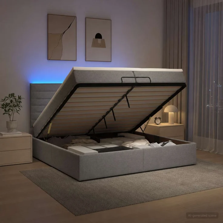 vidaXL Ottoman-Bett mit Matratze und LED Hellgrau 200 x 200 cm Stoff 3458014 – Bild 4