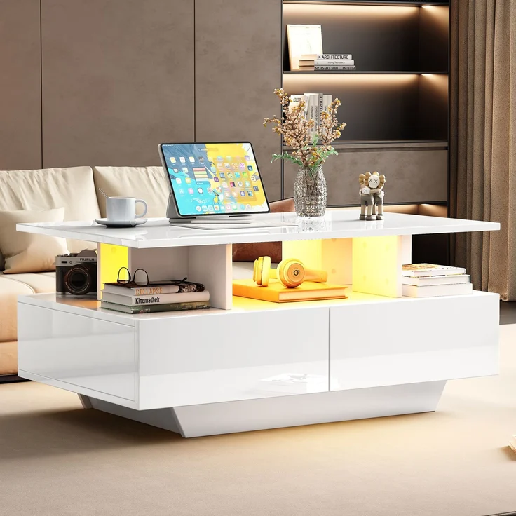 Couchtisch 90×55×41 cm Hochglanz Weiß mit LED-Beleuchtung, moderner Wohnzimmertisch mit 2 Schubladen, offenem Fach – Bild 2