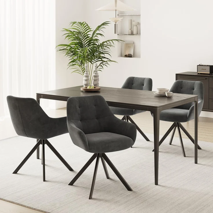 MALOL Drehbare Esszimmerstühle 4er Set, 360° Drehbare Armlehnstühle mit weichem Florstoff & Metallgestell, Bequeme Esszimmerstühle Drehbar mit Rückenlehne für Küche, Esszimmer, Büro, Grau