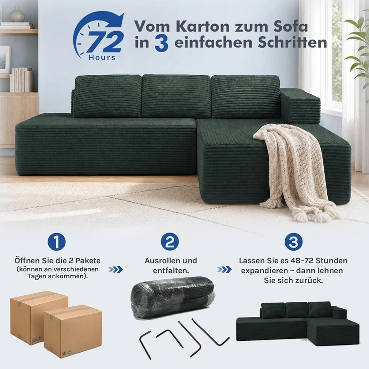 COMHOMA Ecksofa mit Schlaffunktion, 228cm Corduroy Modulares Boneless Couch mit Chaiselongue & Rücken-Metallgestell, L-Form Schlafsofa mit offenem Design, Kissen & Seitentaschen,für Wohnzimmer, Grün-L – Bild 11