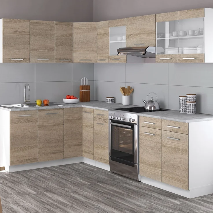 Eckküche R-Line Sonoma/Weiß 267 x 167 cm, AP Marmor mit LED-Leisten Vicco – Bild 4