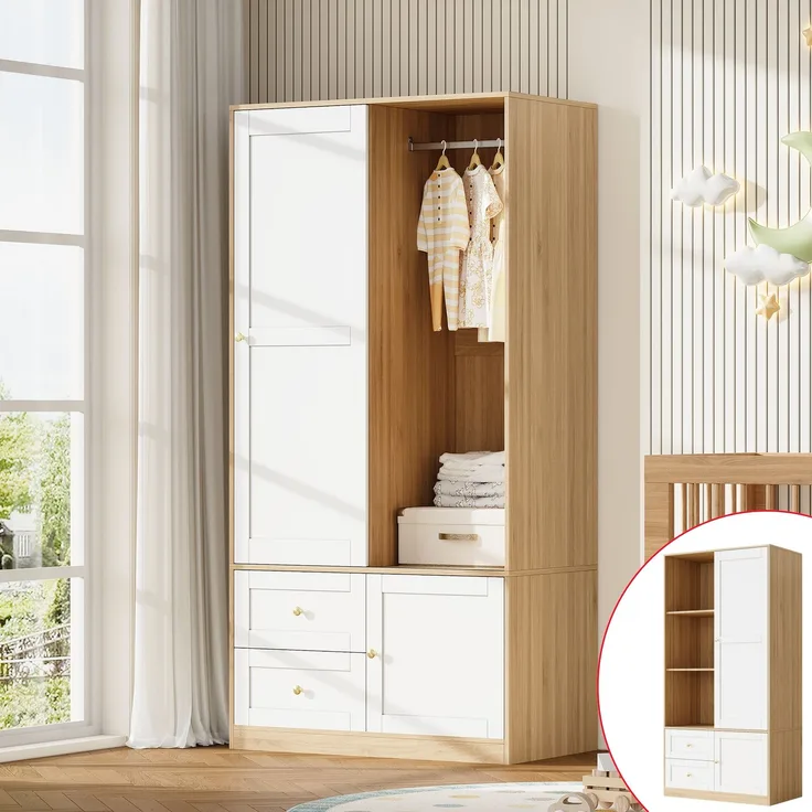 U-life Freistehender Schiebetür-Kleiderschrank 90x50 cm, fürs Schlafzimmer, Halboffener, Schiebetüren, Weiß & Holzoptik, Halbbreite verschiebbare Tür, MDF, Natur
