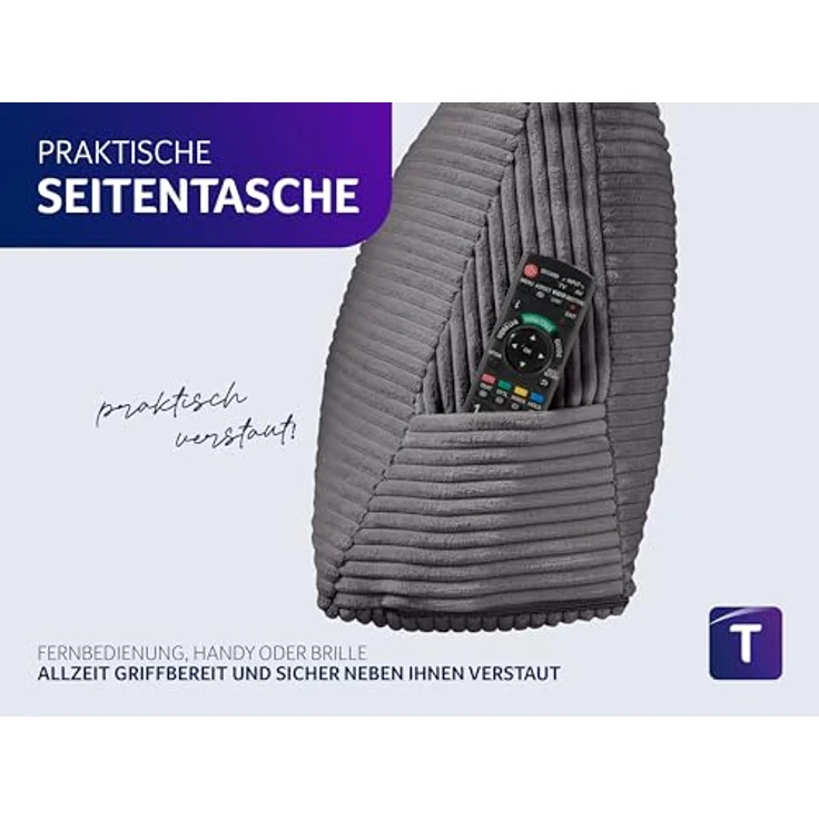 Traumnacht Cozy Rückenkissen, Lesekissen,70x40 cm, dunkelgrau,abnehmbarer,waschbarer Bezug aus gemütlichem Kord, praktisches Seitenfach, Öko-Tex zertifiziert,produziert nach deutschem Qualitätsstandard – Bild 7