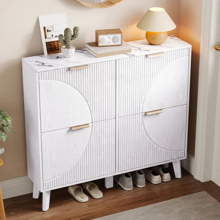 ZUBALIYA Schuhschrank (105 x 24 x 95,5 cm), 4 Klappfächer, Strukturierte Fronten, Stauraum für Flur und Eingangsbereich, Weiß – Bild 8