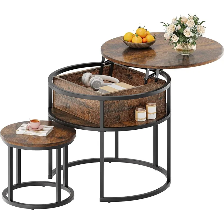 YITAHOME Couchtisch Rund, 2er Set, Wohnzimmertisch Vintage mit Stauraum und Hebeplatte, Couchtisch Höhenverstellbar für Wohnzimmer, 60 x 60 x 50 cm,38 x 38 x 30 cm