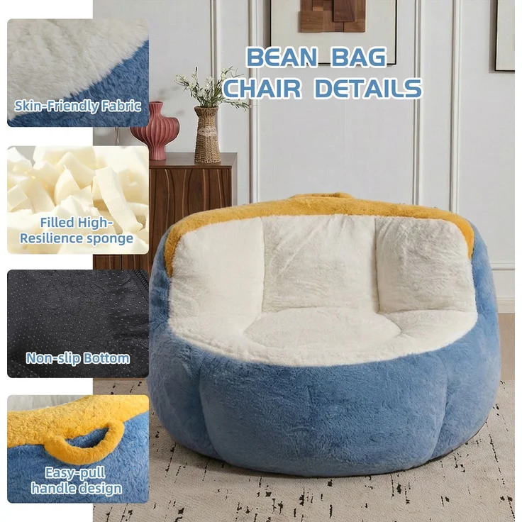 Übergroße Sitzsäcke, mehrfarbiges Kunstfellsofa mit Füllung aus Schaumstoffflocken, großes Lounge-Sofa fürs Wohnzimmer, keine Montage erforderlich, Blau+Weiß+Gelb – mehrfarbig – 106 x 110 x 77 cm – YOUDENOVA – Bild 4
