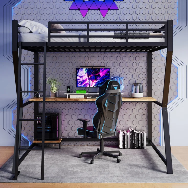 Hochbett, 140*200cm , Mit LED-Leuchten, Computerkonsolenablage, Schreibtisch, Steckdose+USB, Geländer, Treppe, ohne Matratze, Schwarz – Bild 3