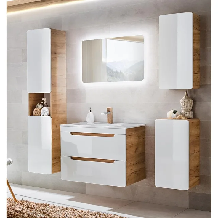 Badezimmer Möbel Set 5-teilig Hochglanz weiß inkl. 81 cm Keramikwaschtisch LUTON-56, B/H/T ca. 181/200/46 cm