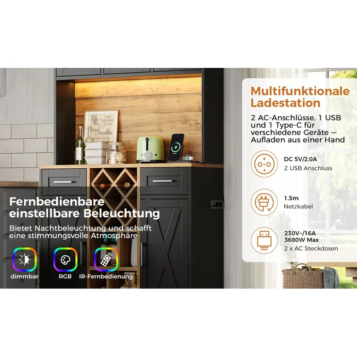ZUBALIYA hoher Stauraumschrank mit LED-Beleuchtung / Vorratsschrank mit Weinregalen, mit weinschrank & Vitrinenschrank für Wohnzimmer und Esszimmer, 180 x 105 x 40 cm, fürs Wohnzimmer, mit Schubladen – Bild 17