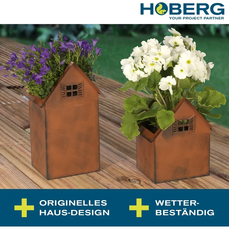 Hoberg Blumenkasten Rost-Pflanztöpfe 2er-Set 20cm & 28cm (2 St), Deko Garten Balkon Terrasse Pflanzgefäß Windlicht – Bild 3