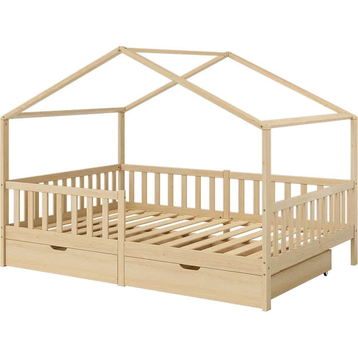 Bellabino 'Bia' Hausbett 140x200 cm mit 2 Schubladen, natur, Kiefer Massivholz, Montessori Kinderbett mit Stauraum, inkl. Rausfallschutz und Lattenrost – Bild 2