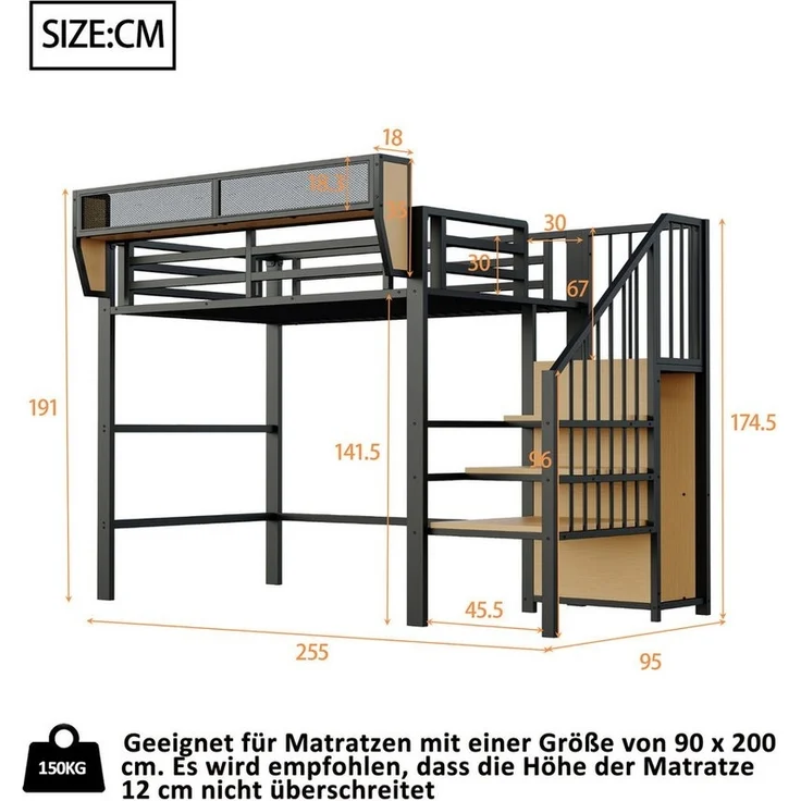 Odikalo Hochbett Kinderbett Metallbett Leiter Fallschutz Staufach 90x200 Weiß/Schwarz – Bild 3