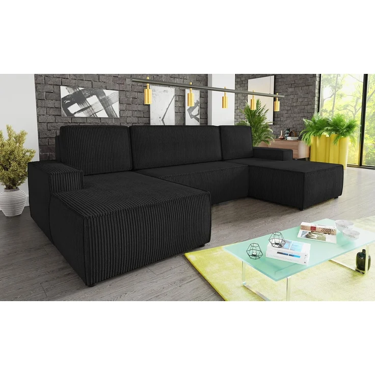Wohnlandschaft mit Schlaffunktion Totti - U-Form Couch, Schlafsofa mit Bettkasten, Couchgranitur mit Bettfunktion, Big Sofa, Cord Stoff, Wohnzimmer (Schwarz (Poso 135)) – Bild 2