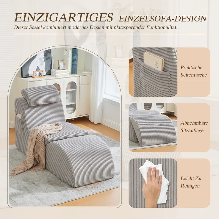 LVHOM Relaxsessel Ergonomisches Design, Lesesessel mit verstellbarer Kopfkissen und Sitzkissen, Fernsehsessel mit Seitentasche, Cord Bezug, bis 200kg belastbar – Bild 4